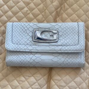 GUESS White Faux Snake-Embossed Clutch Wallet with Silver Hardware